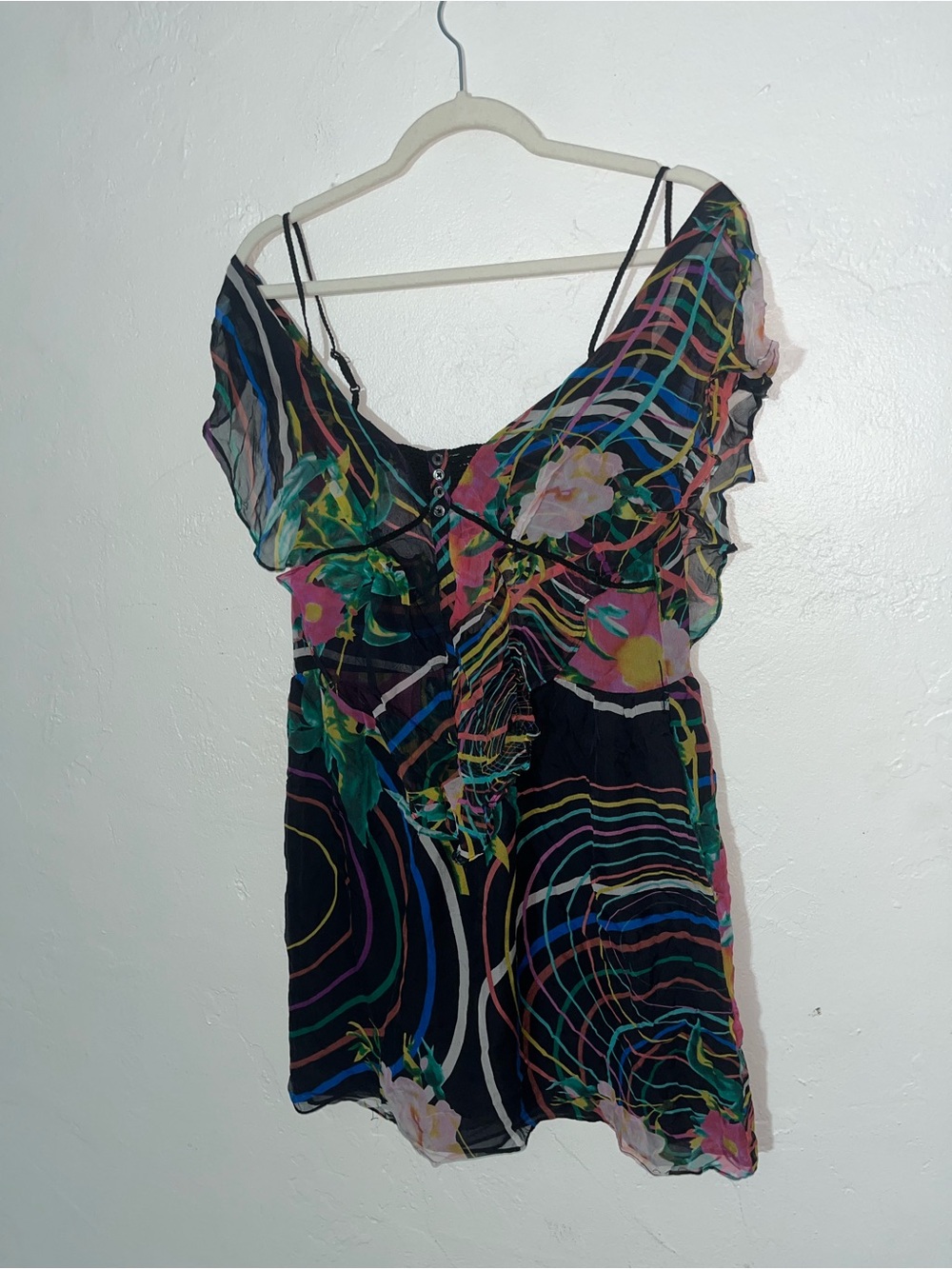 100% Silk Mini Dress Abstract Ark & Co Multicolor Ruffled Chiffon Whimsical Fun - Picture 1 of 16